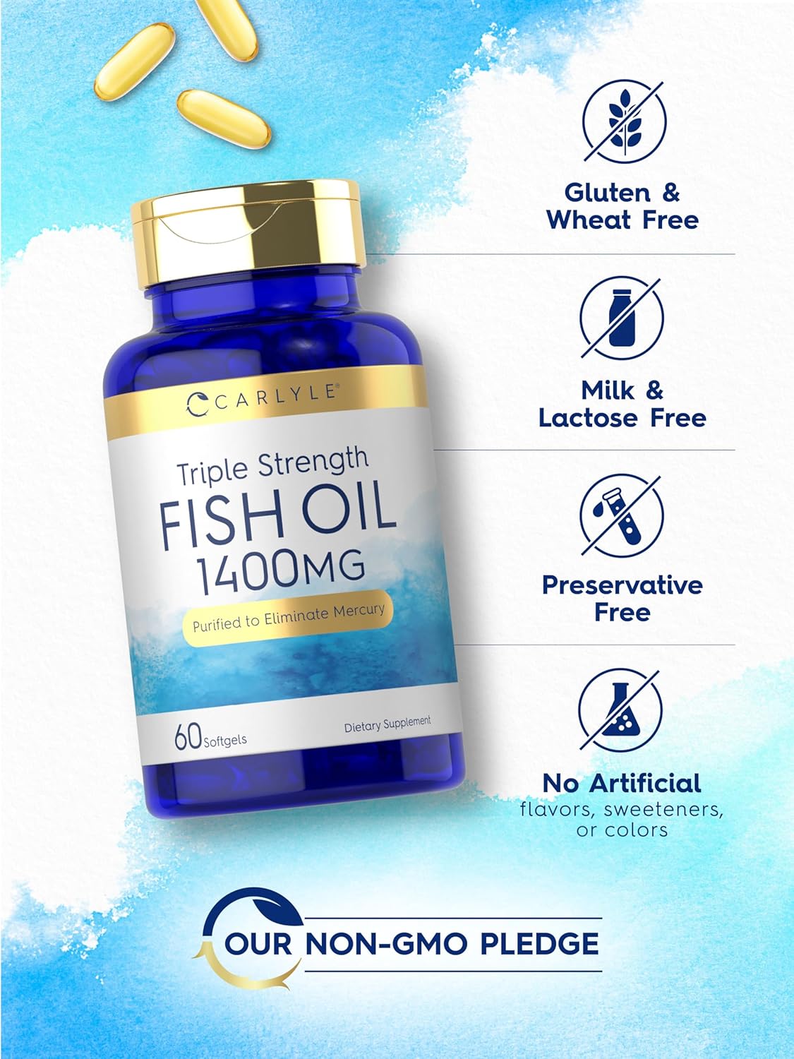 Carlyle Triple Strength Omega 3 Fish Oil Softgels - 1400mg, 60 Count - Non-GMO, Gluten Free Omega-3 Supplement