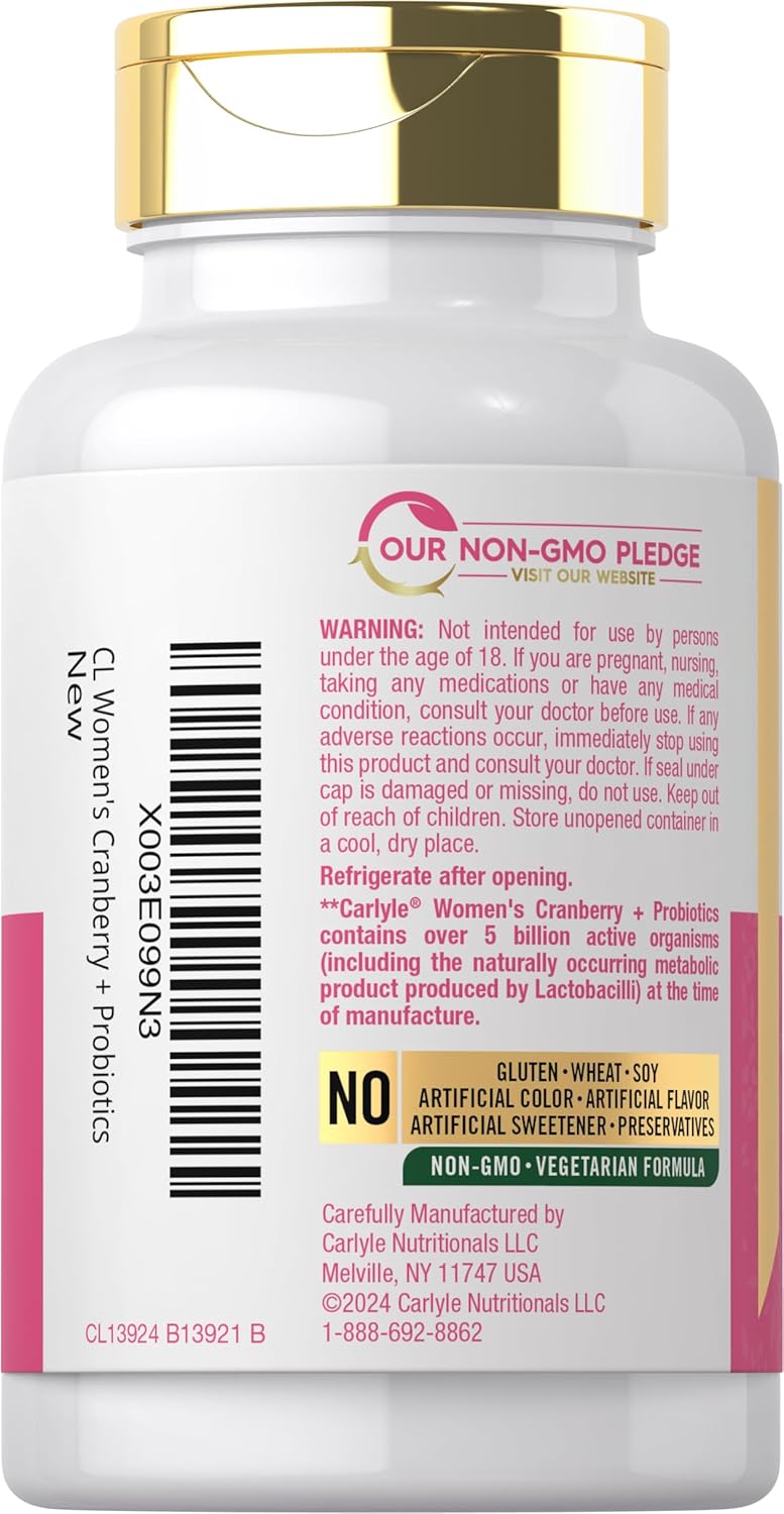 Carlyle Women's Cranberry Probiotic Supplement | 120 Capsules | 14 Probiotic Strains | Vegetarian, Non-GMO, Gluten-Free