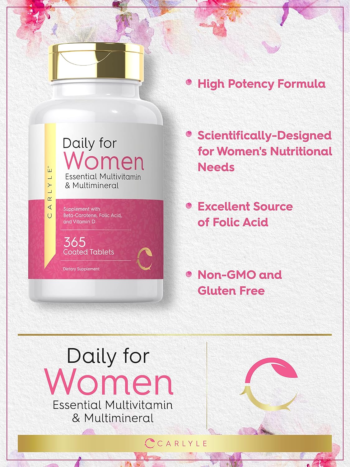 Carlyle Women's Multivitamin Supplement | 365 Tablets | Non-GMO, Gluten Free Vitamins and Minerals