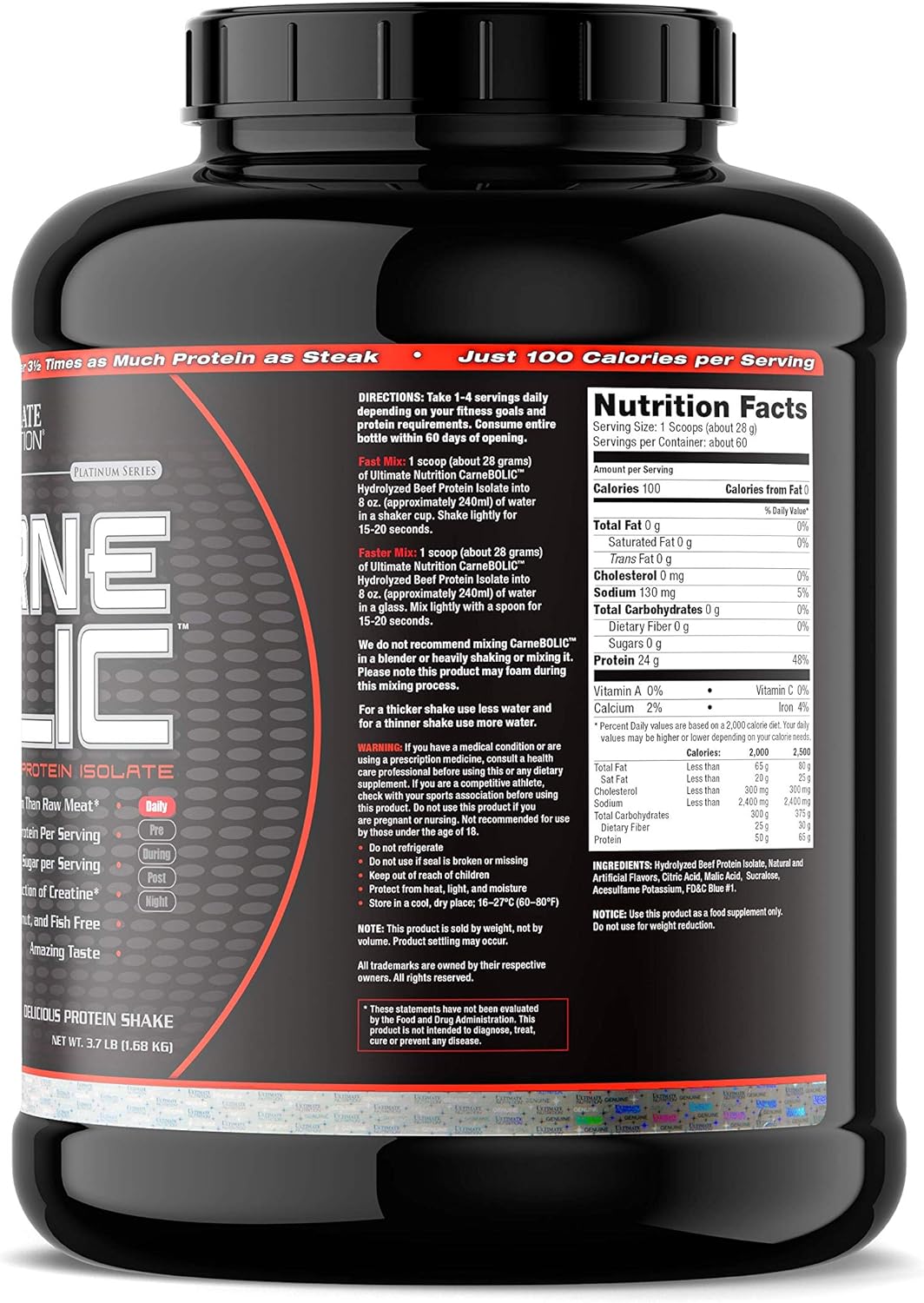 Carnebolic Hydrolyzed Beef Protein Isolate Powder - Blue Raspberry Flavor - Paleo & Keto Friendly - Zero Carbs, Zero Fat, Zero Sugar - Gluten & Lactose-Free - 60 Servings