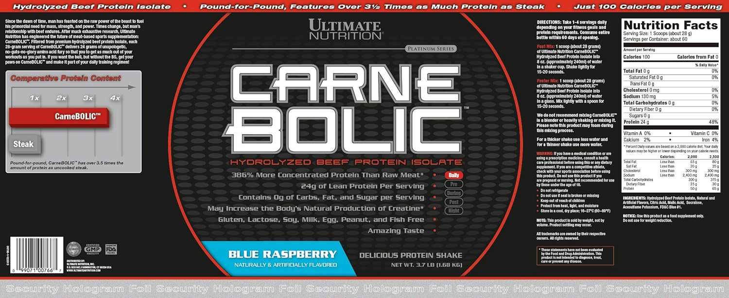 Carnebolic Hydrolyzed Beef Protein Isolate Powder - Blue Raspberry Flavor - Paleo & Keto Friendly - Zero Carbs, Zero Fat, Zero Sugar - Gluten & Lactose-Free - 60 Servings