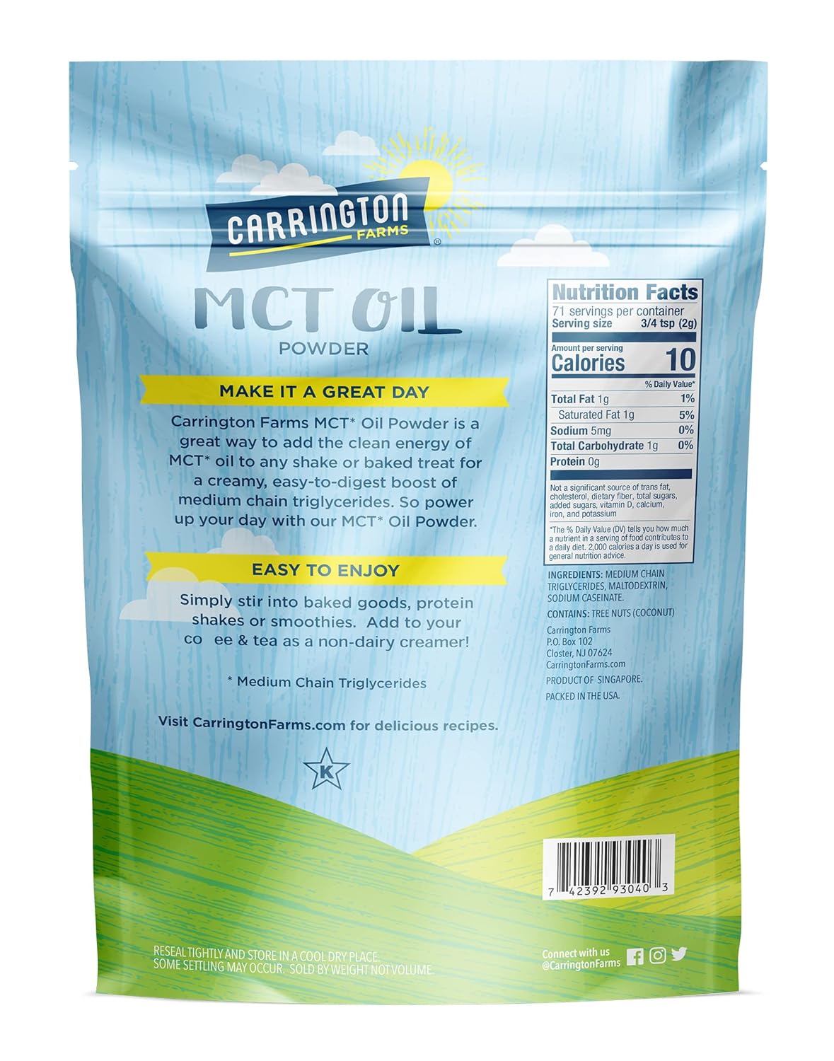 Carrington Farms Organic MCT Oil Powder - Gluten Free, Hexane Free, NON GMO - Keto & Dairy Free