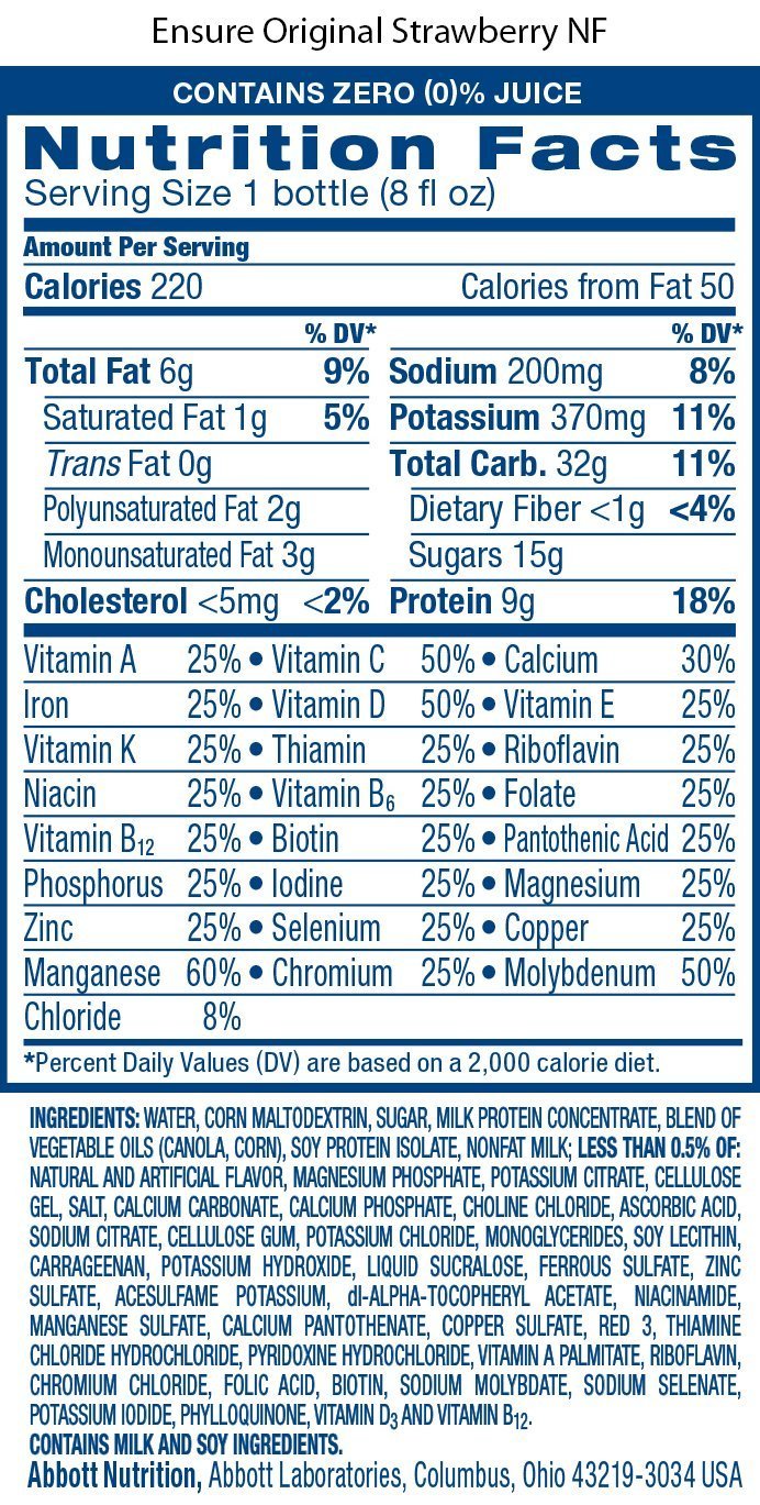 Case of 12 Ensure Original Nutrition Shake, Strawberry Flavor, 8 Ounces Each