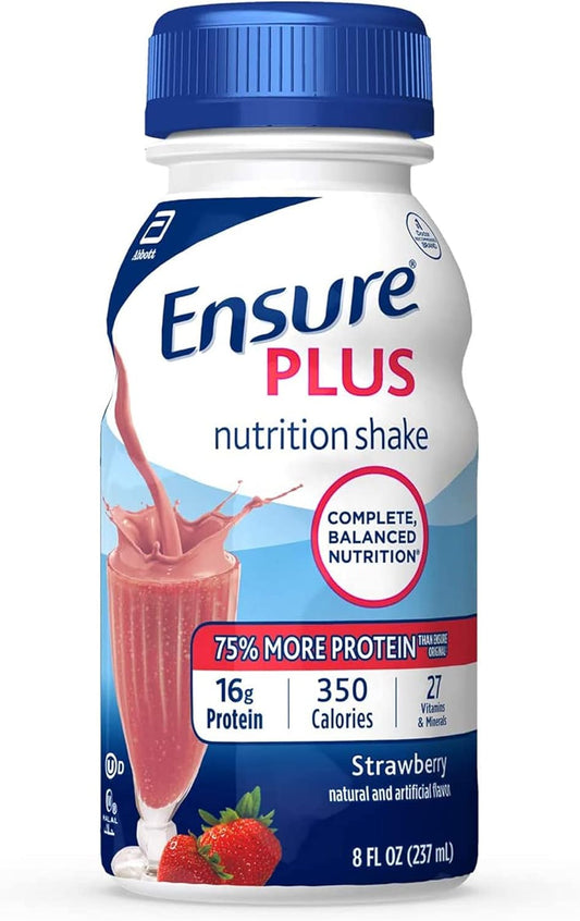 Case of 24 Ensure Plus Nutrition Shakes, Strawberry Flavor, 8oz Bottles