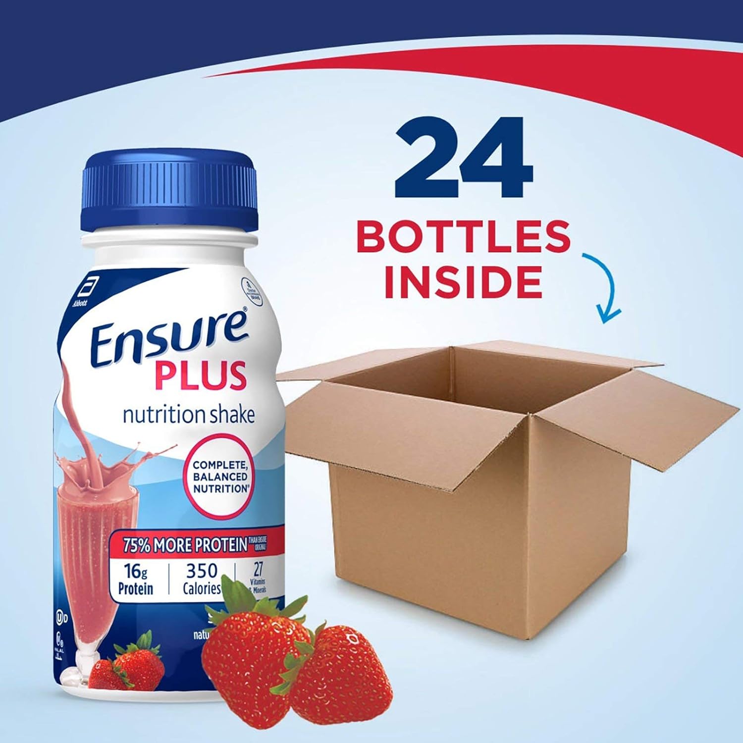 Case of 24 Ensure Plus Nutrition Shakes, Strawberry Flavor, 8oz Bottles