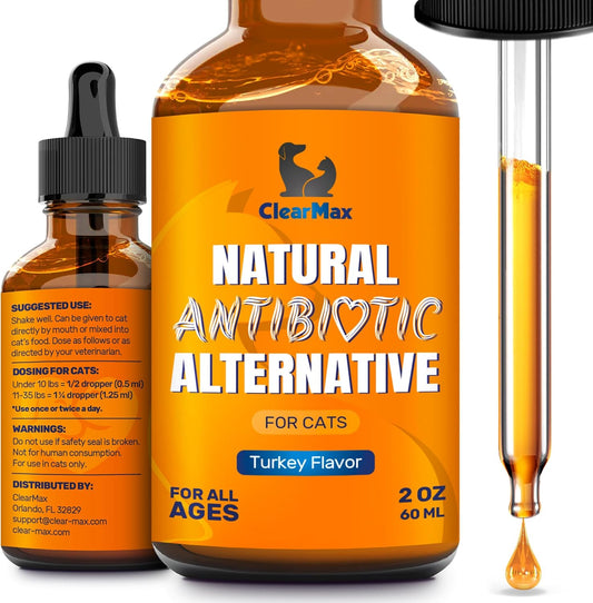 Cat Antibiotic Drops with Natural Turkey Flavor - Effective for Infections, Cough, UTIs, Allergies - Supports Hips & Joints - All Ages & Breeds - 2 Oz