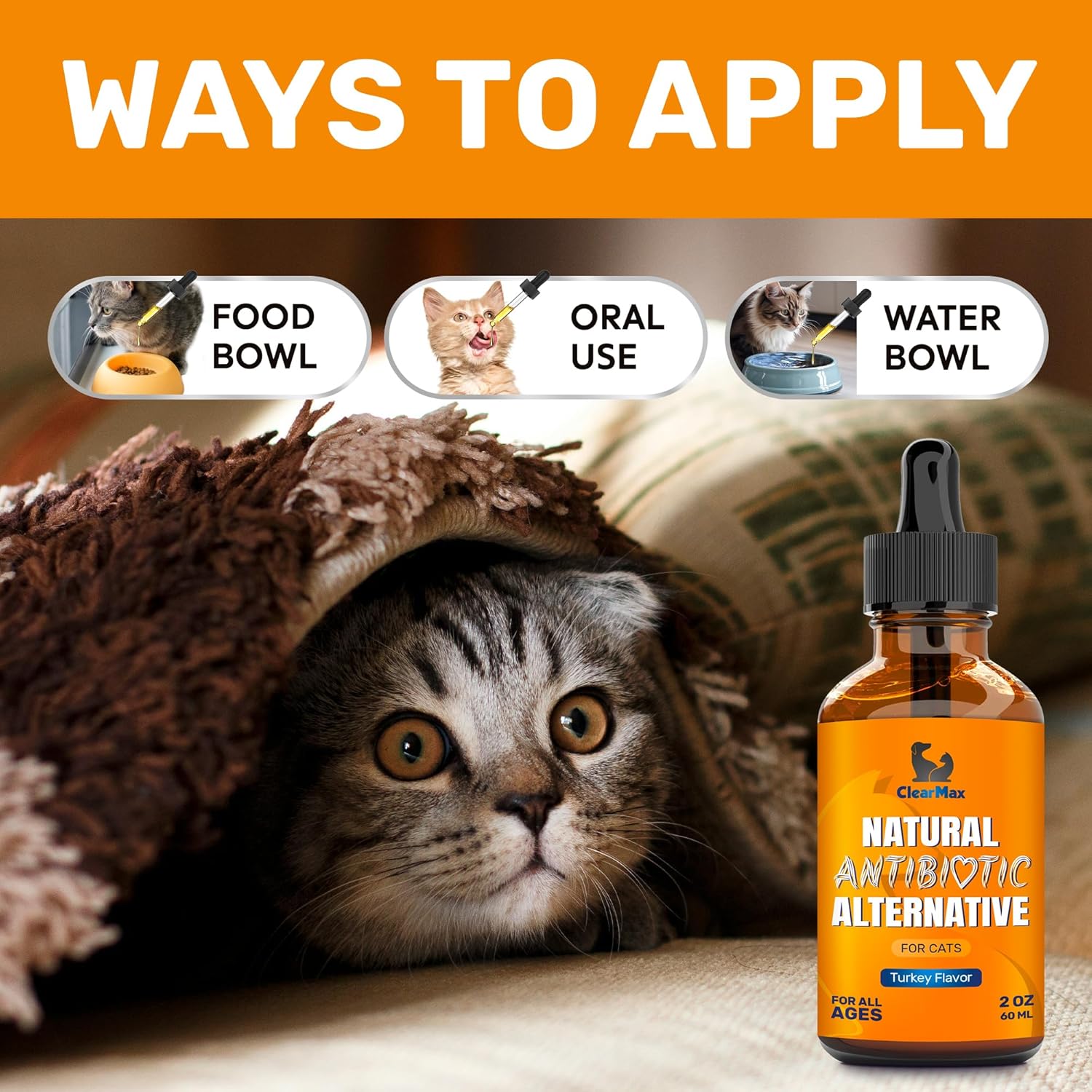 Cat Antibiotic Drops with Natural Turkey Flavor - Effective for Infections, Cough, UTIs, Allergies - Supports Hips & Joints - All Ages & Breeds - 2 Oz