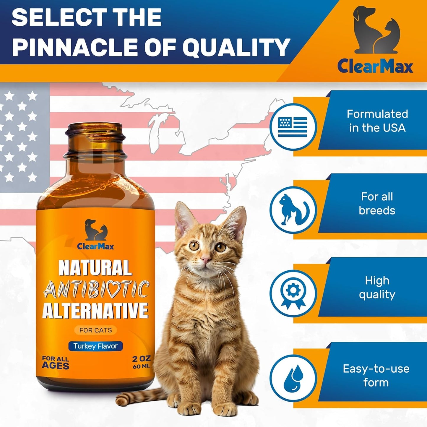 Cat Antibiotic Drops with Natural Turkey Flavor - Effective for Infections, Cough, UTIs, Allergies - Supports Hips & Joints - All Ages & Breeds - 2 Oz