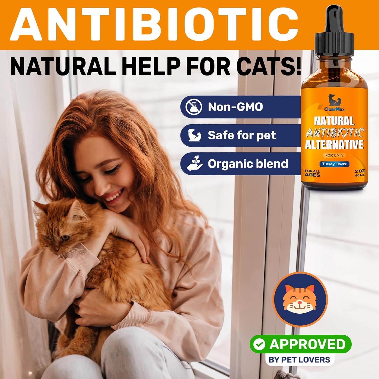 Cat Antibiotic Drops with Natural Turkey Flavor - Effective for Infections, Cough, UTIs, Allergies - Supports Hips & Joints - All Ages & Breeds - 2 Oz
