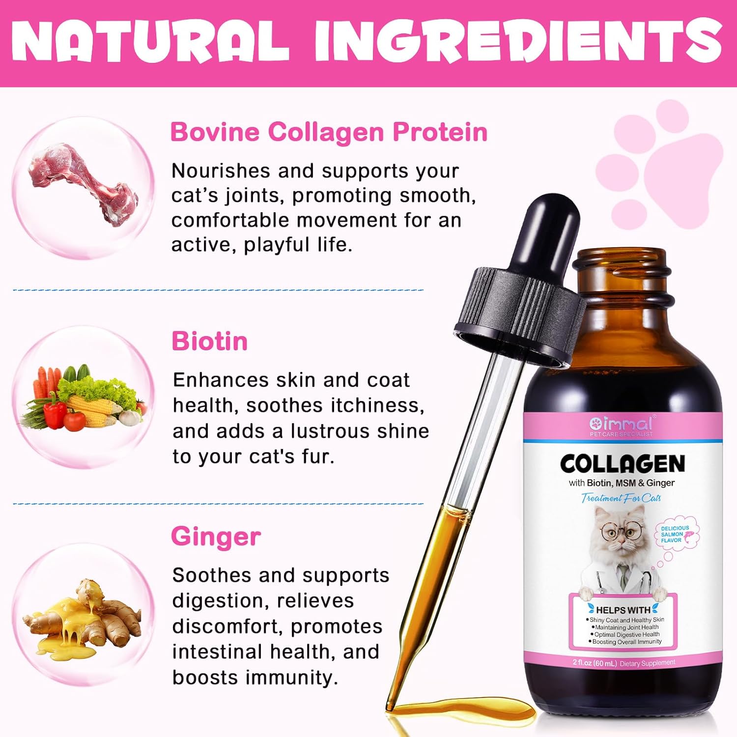 Cat Collagen Liquid Drops with Biotin, MSM & Ginger for Digestive & Immunity Support, Itch Relief, Skin & Coat, Joint Health - 60ml Supplement