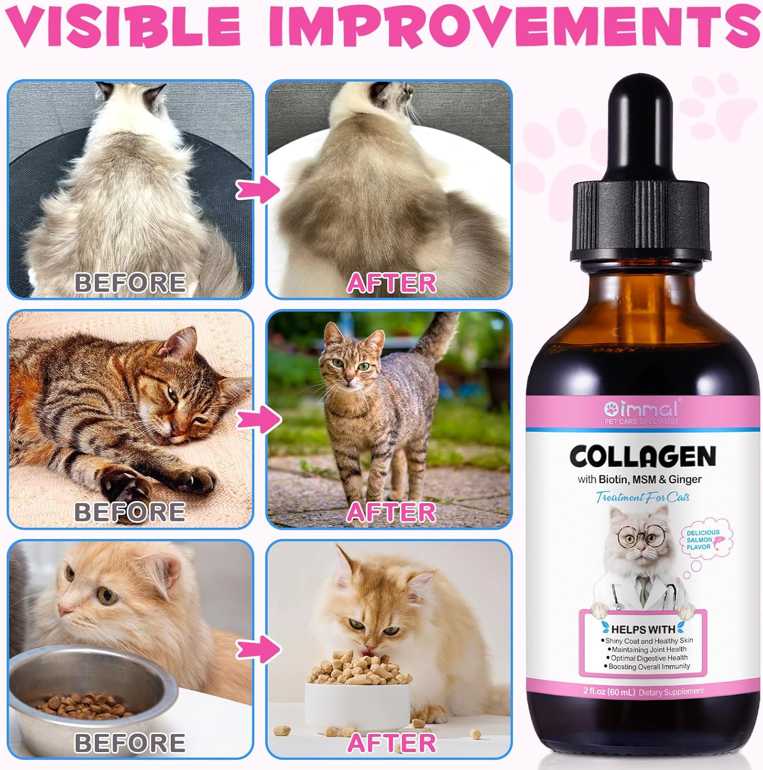Cat Collagen Liquid Drops with Biotin, MSM & Ginger for Digestive & Immunity Support, Itch Relief, Skin & Coat, Joint Health - 60ml Supplement