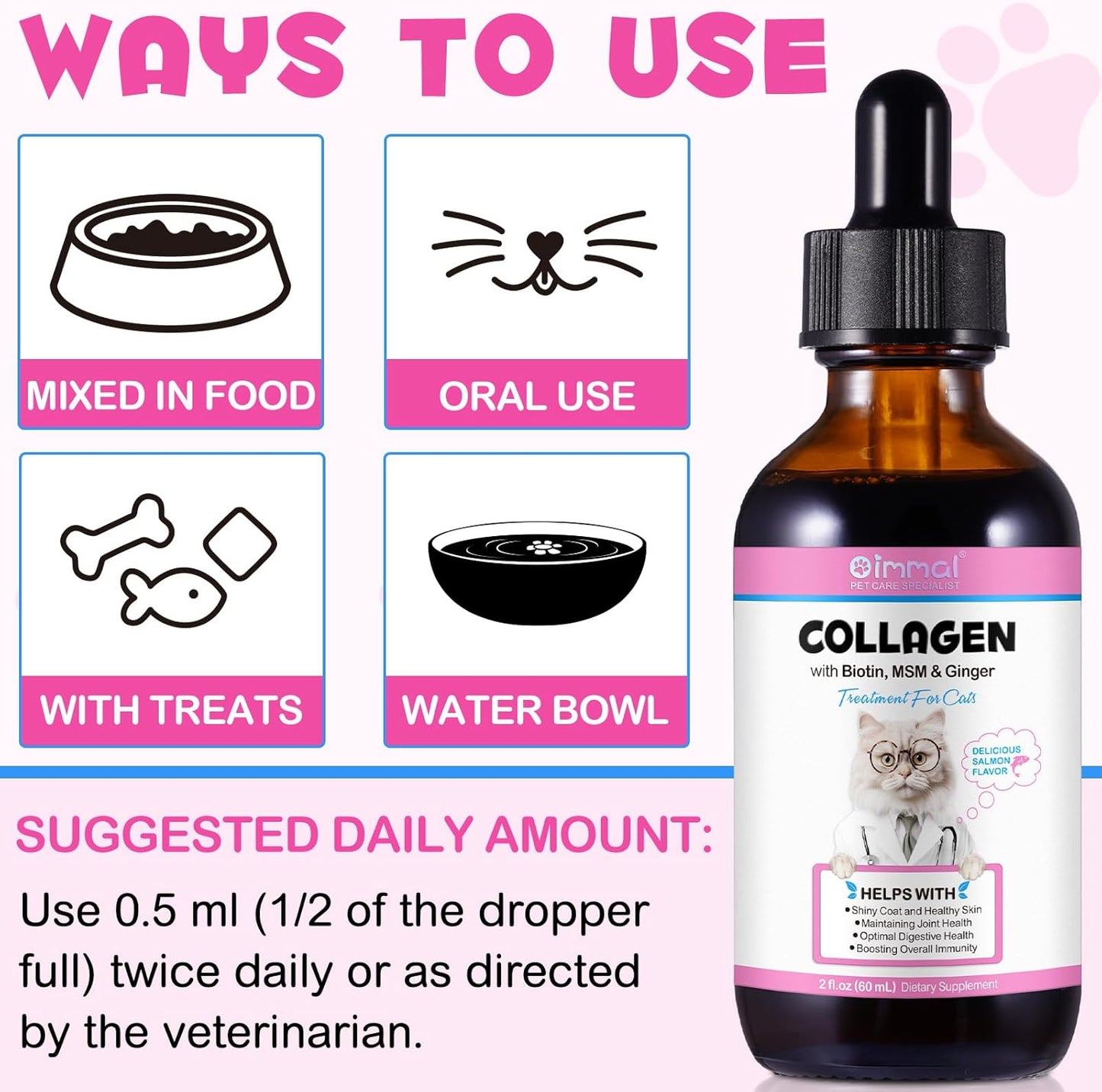 Cat Collagen Liquid Drops with Biotin, MSM & Ginger for Digestive & Immunity Support, Itch Relief, Skin & Coat, Joint Health - 60ml Supplement