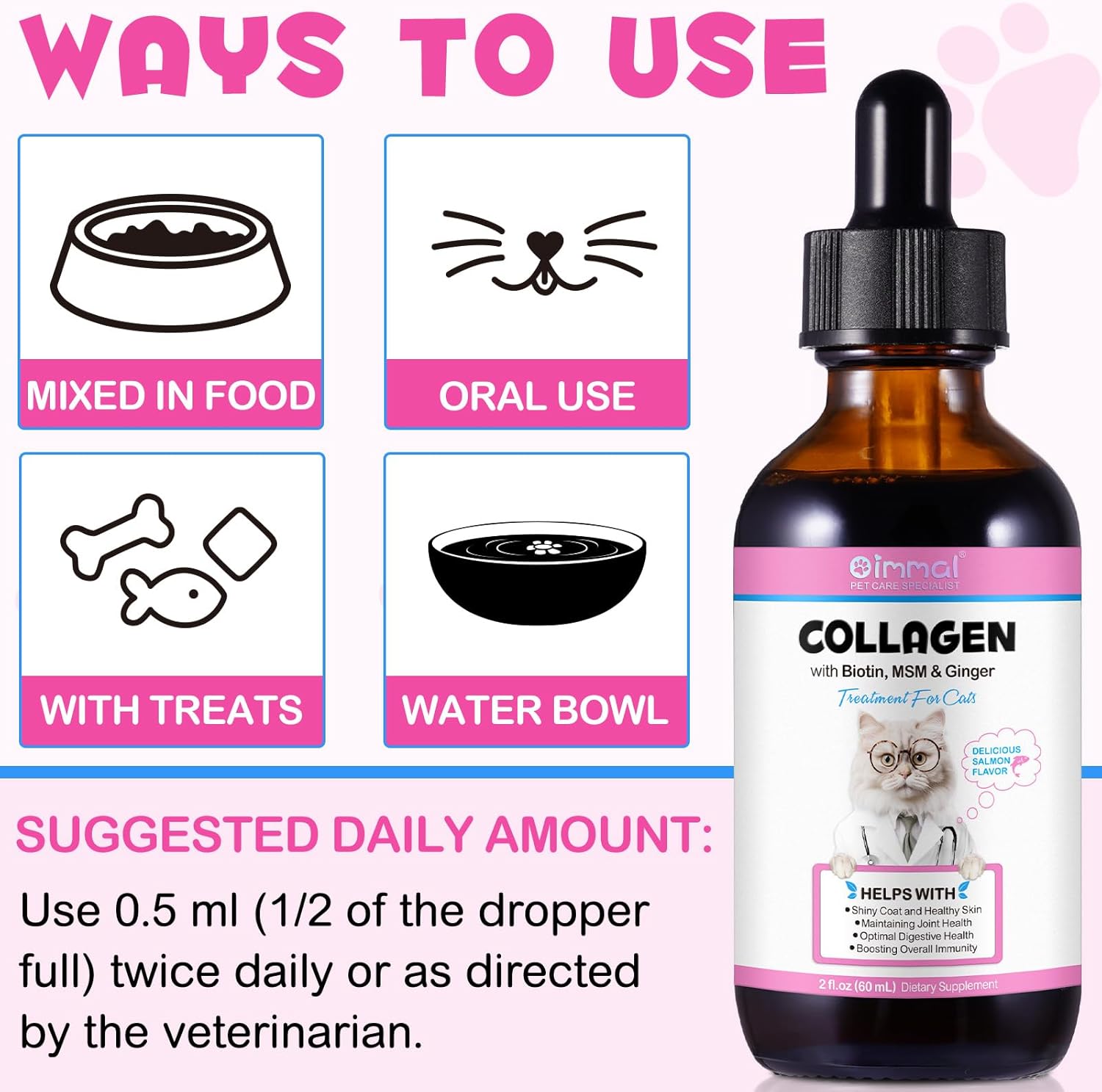Cat Collagen Liquid Drops with Biotin, MSM & Ginger for Digestive & Immunity Support, Itch Relief, Skin & Coat, Joint Health - 60ml Supplement