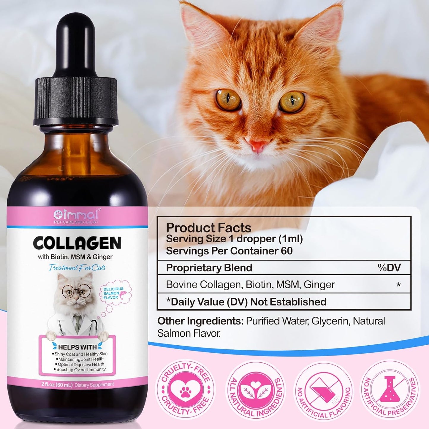 Cat Collagen Liquid Drops with Biotin, MSM & Ginger for Digestive & Immunity Support, Itch Relief, Skin & Coat, Joint Health - 60ml Supplement