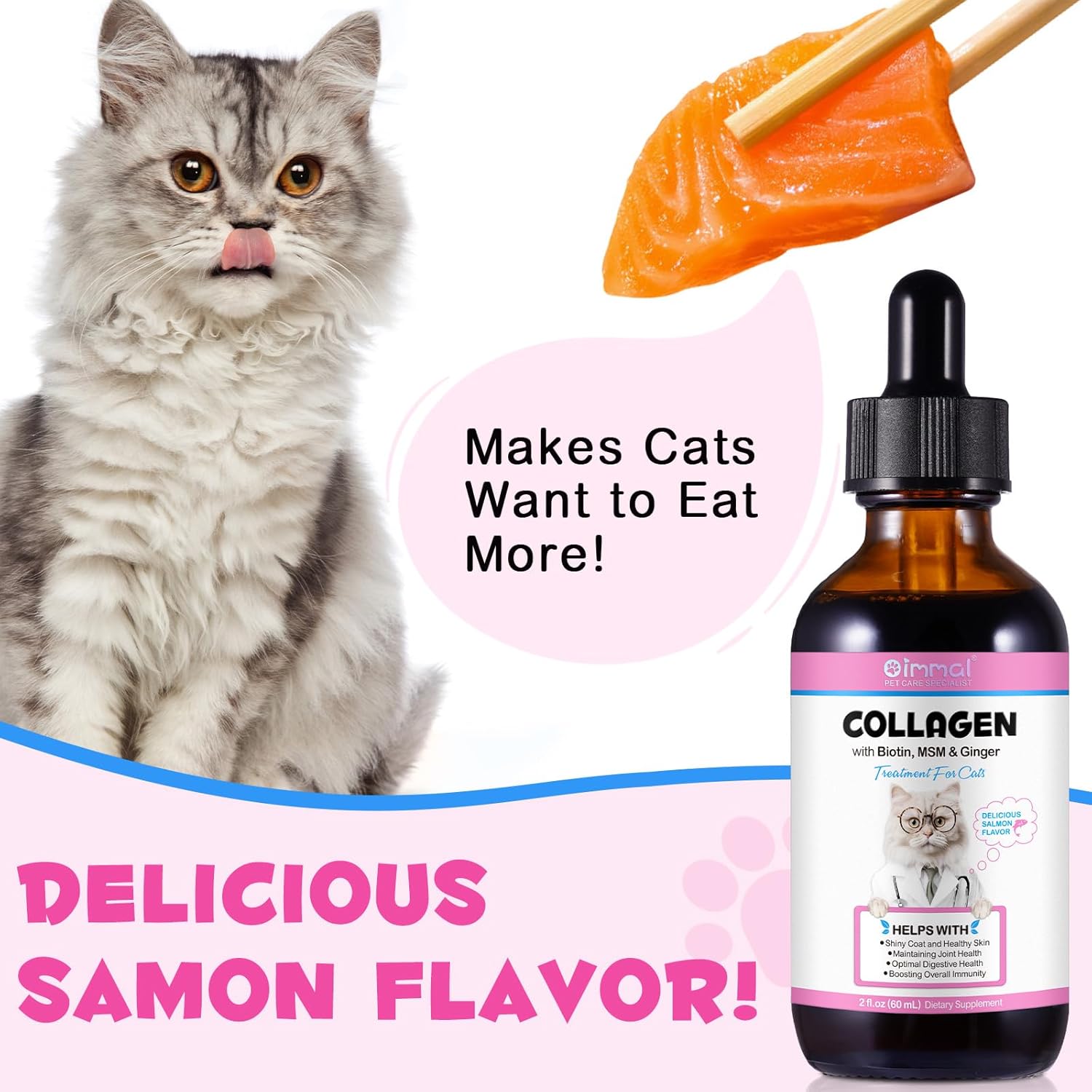 Cat Collagen Liquid Drops with Biotin, MSM & Ginger for Digestive & Immunity Support, Itch Relief, Skin & Coat, Joint Health - 60ml Supplement