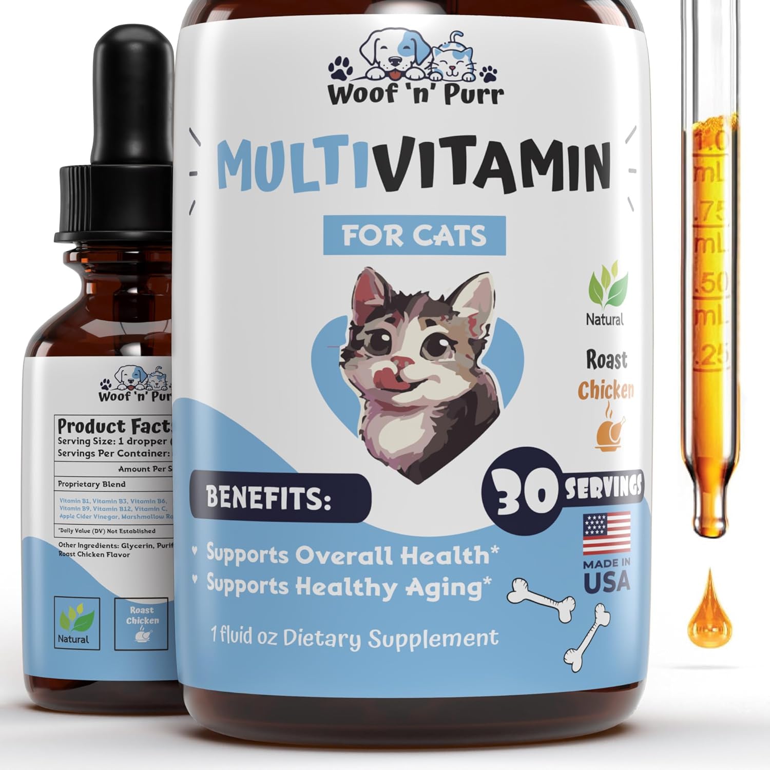 Cat Multivitamin for Healthy Skin, Coat, & Joints - Indoor Cat & Kitten Vitamin Supplement for Immune Support & Longevity - 1oz