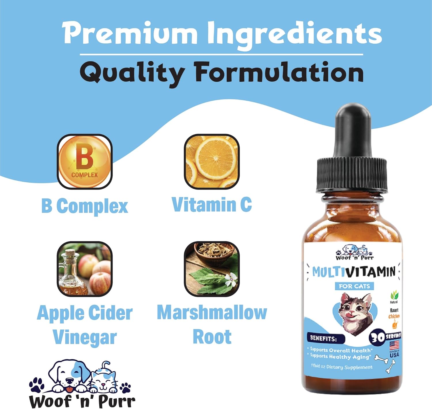 Cat Multivitamin for Healthy Skin, Coat, & Joints - Indoor Cat & Kitten Vitamin Supplement for Immune Support & Longevity - 1oz
