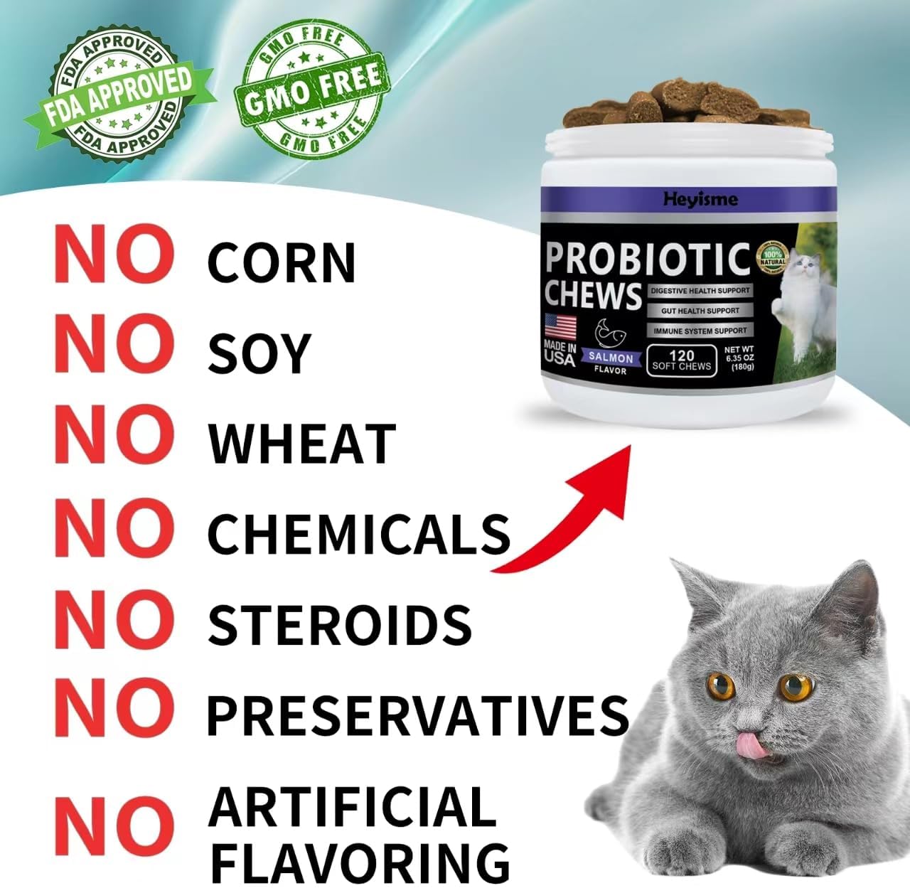 Cat Probiotic Chews for Gut & Immune Health - Digestive Support & Relief for Cats - 120 Salmon Pills