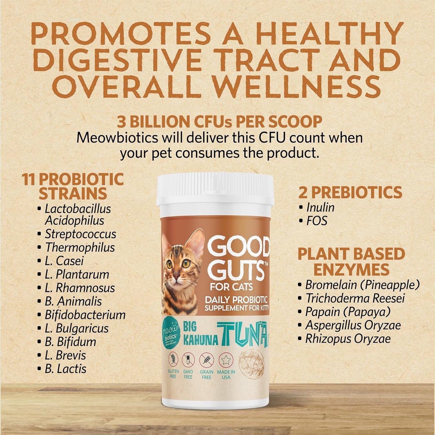 Cat Probiotic Powder with 11 Strains, 2 Prebiotics, 5 Enzymes - Tuna Flavor, Indoor & Outdoor - Digestive Support for Cats - 30 Day Supply