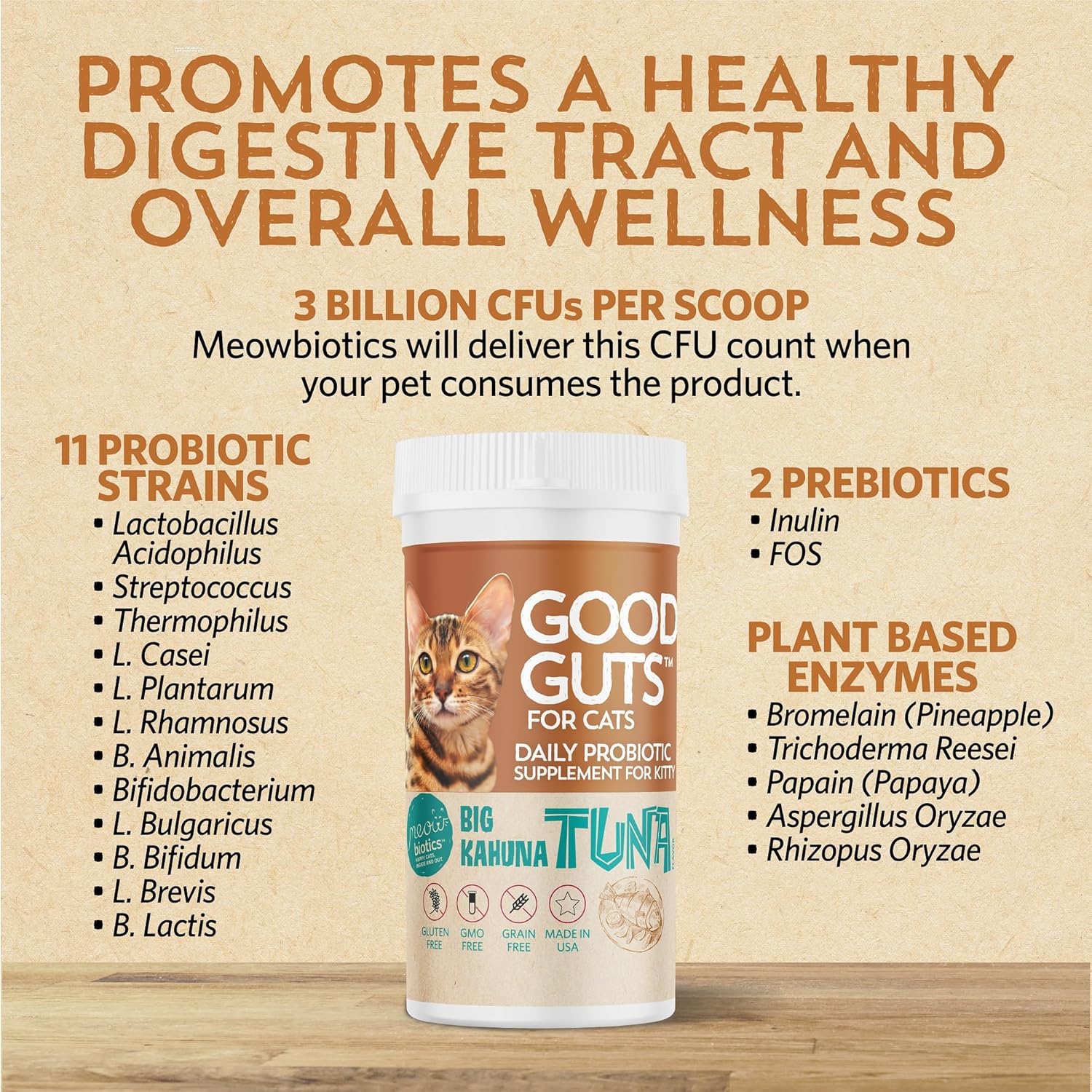 Cat Probiotic Powder with 11 Strains, 2 Prebiotics, 5 Enzymes - Tuna Flavor, Indoor & Outdoor - Digestive Support for Cats - 30 Day Supply