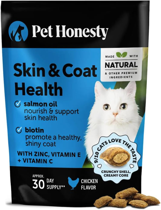 Cat Skin & Coat Health Chews with Omegas, Vitamin C, E, Biotin - Promotes Shiny Coat, Soothes Skin, Chicken Flavor