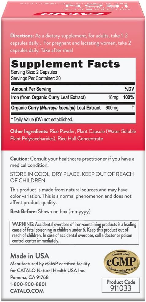 CATALO Women's Iron Supplement with Organic Curry Leaf - Gentle Absorption, Vegetarian Formula - 60 Tablets