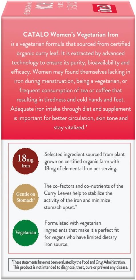 CATALO Women's Iron Supplement with Organic Curry Leaf - Gentle Absorption, Vegetarian Formula - 60 Tablets