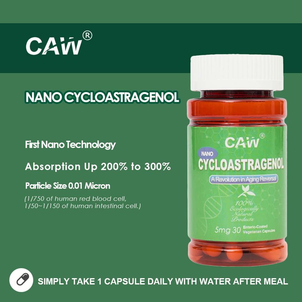 CAW Nano Cycloastragenol 5mg 30 Enteric-Coated Capsules | Anti-Aging Telomere Support | Non-GMO, Made in USA | Enhanced Absorption