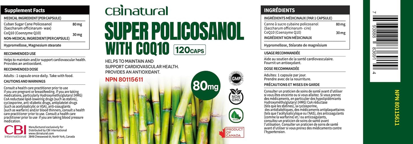 CBI Natural Super Policosanol 80mg and Coq10 30mg Vegan Capsules - 120 Count, 4-Month Supply