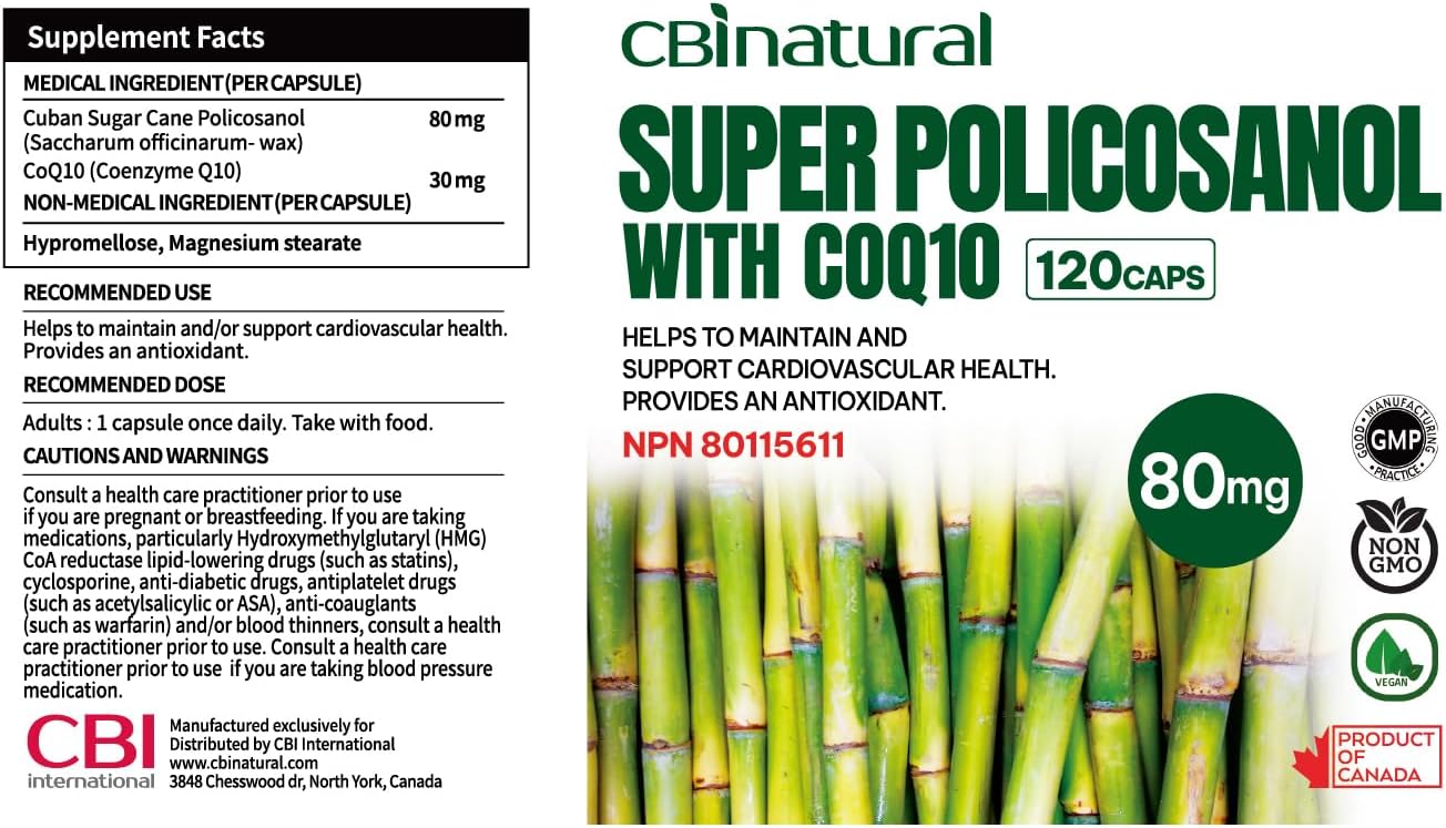 CBI Natural Super Policosanol 80mg and Coq10 30mg Vegan Capsules - 120 Count, 4-Month Supply
