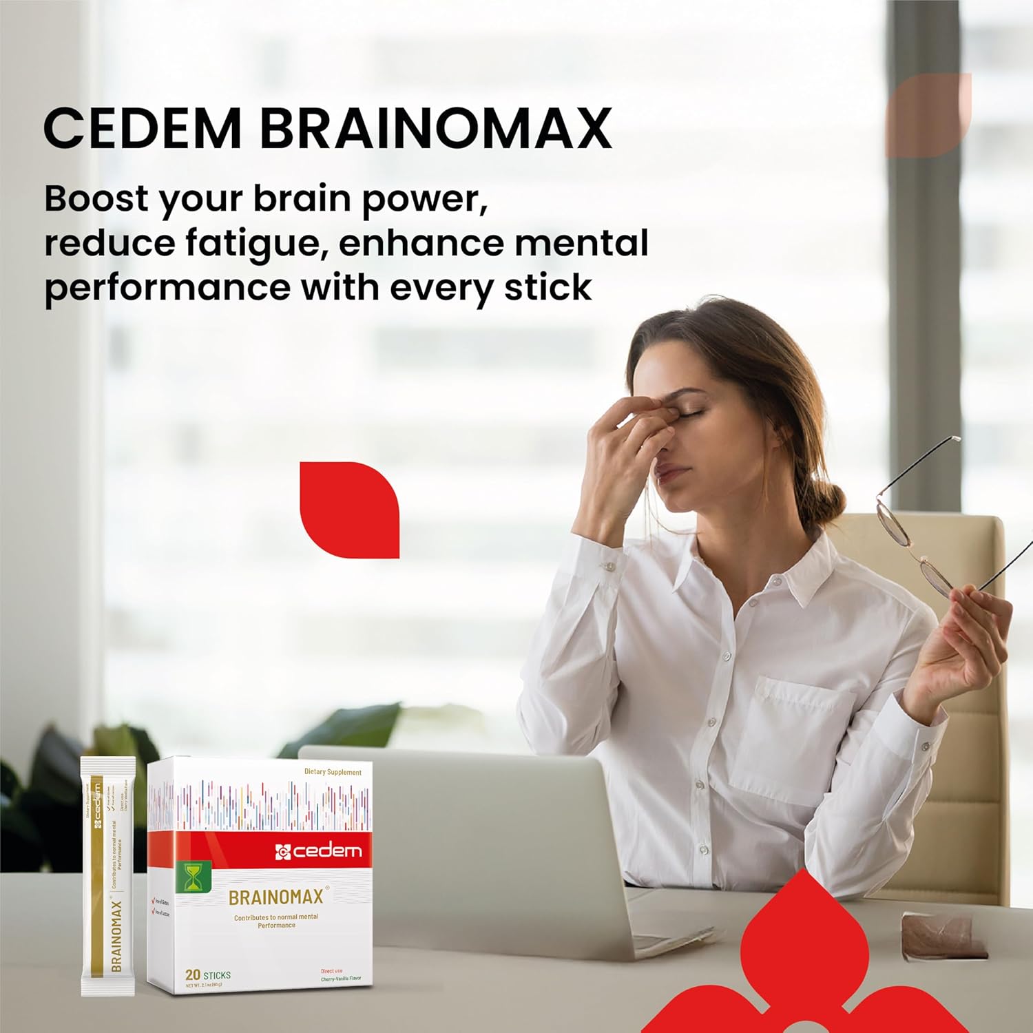 CEDEM AG Brainomax Powder Sticks - Nootropic Supplement for Memory, Focus, Cognitive Support - Cherry-Vanilla Flavor - 20 Sticks