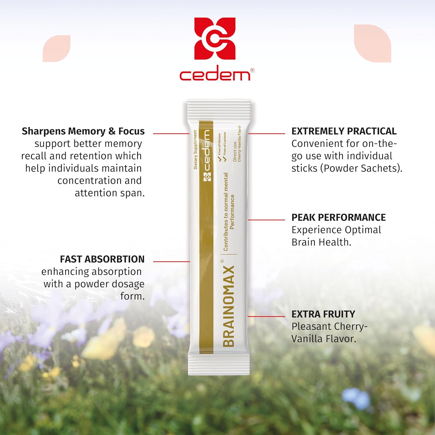 CEDEM AG Brainomax Powder Sticks - Nootropic Supplement for Memory, Focus, Cognitive Support - Cherry-Vanilla Flavor - 20 Sticks