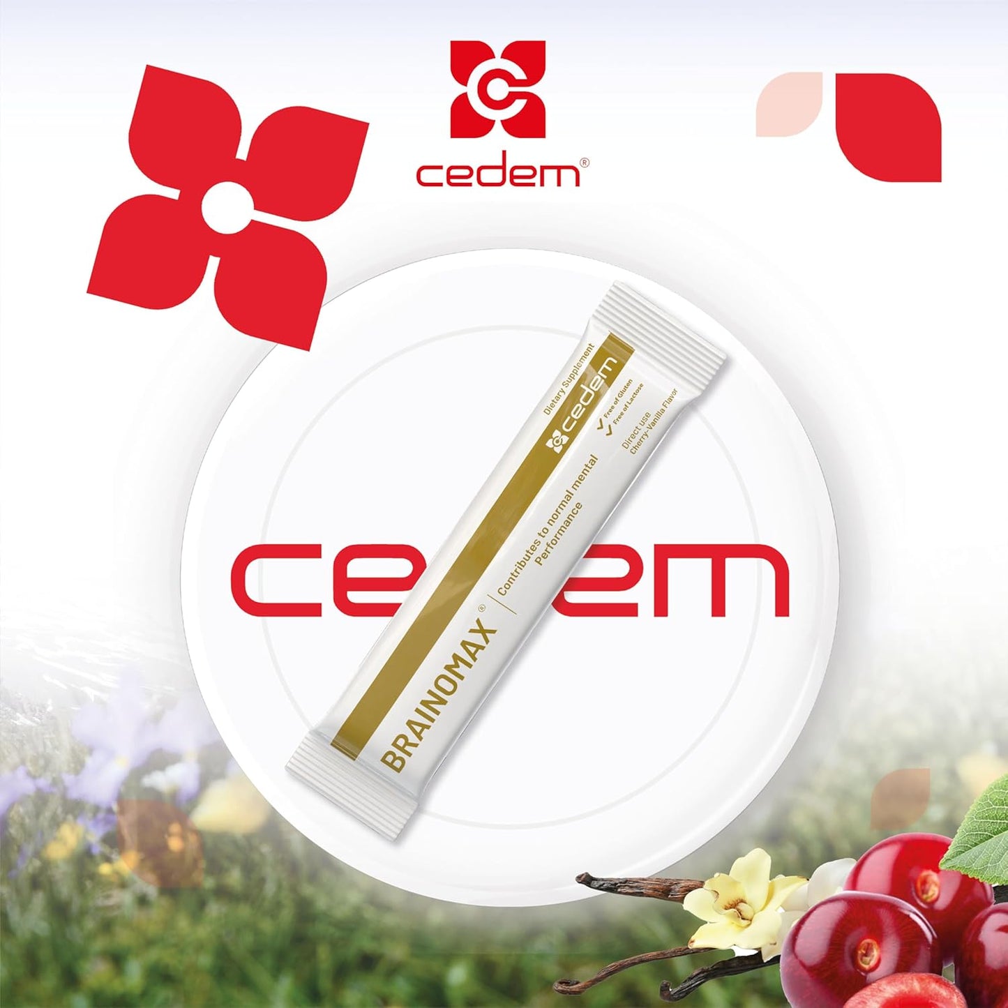 CEDEM AG Brainomax Powder Sticks - Nootropic Supplement for Memory, Focus, Cognitive Support - Cherry-Vanilla Flavor - 20 Sticks