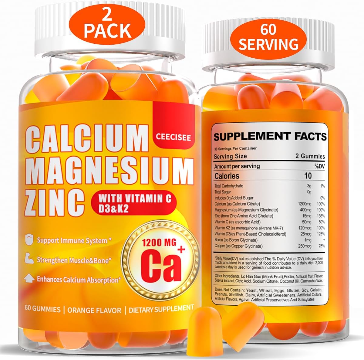 Ceecisee Calcium Magnesium Gummies: Vegan Sugar Free Supplement with 1200mg Calcium Citrate, Zinc, Vitamin C, D3, K2 for Men and Women - High Absorption (120 Count)