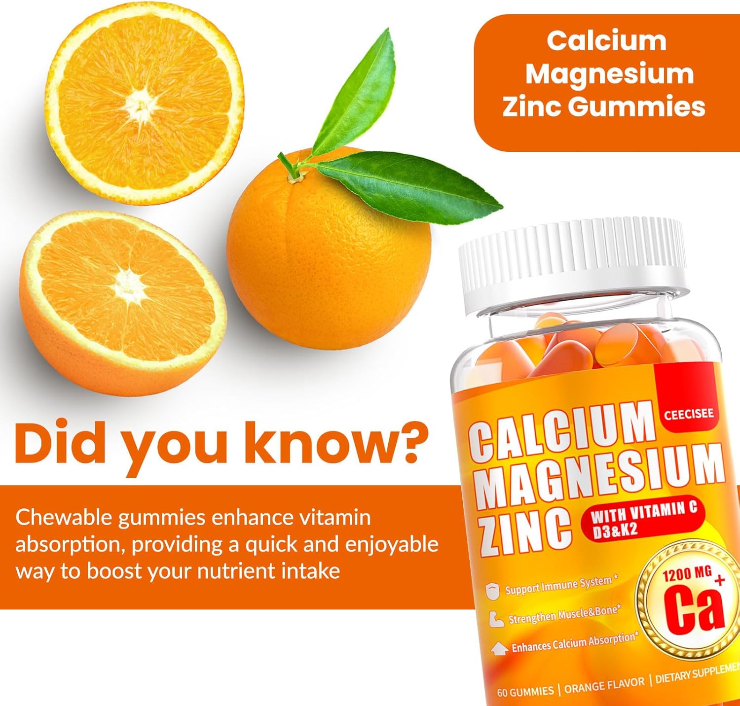 Ceecisee Calcium Magnesium Gummies: Vegan Sugar Free Supplement with 1200mg Calcium Citrate, Zinc, Vitamin C, D3, K2 for Men and Women - High Absorption (120 Count)