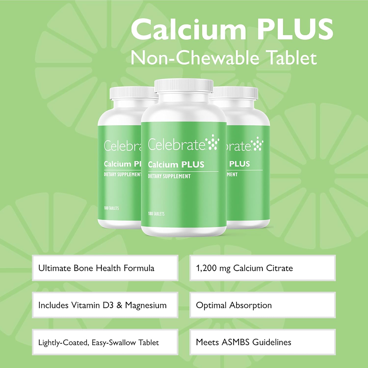 Celebrate Bariatric Supplements Calcium Plus - 600mg Calcium Citrate, 600 IU Vitamin D3 & 50mg Magnesium - Gluten-Free & Sugar-Free - Orange, 540 Non-Chewable Tablets for Post Bariatric Surgery