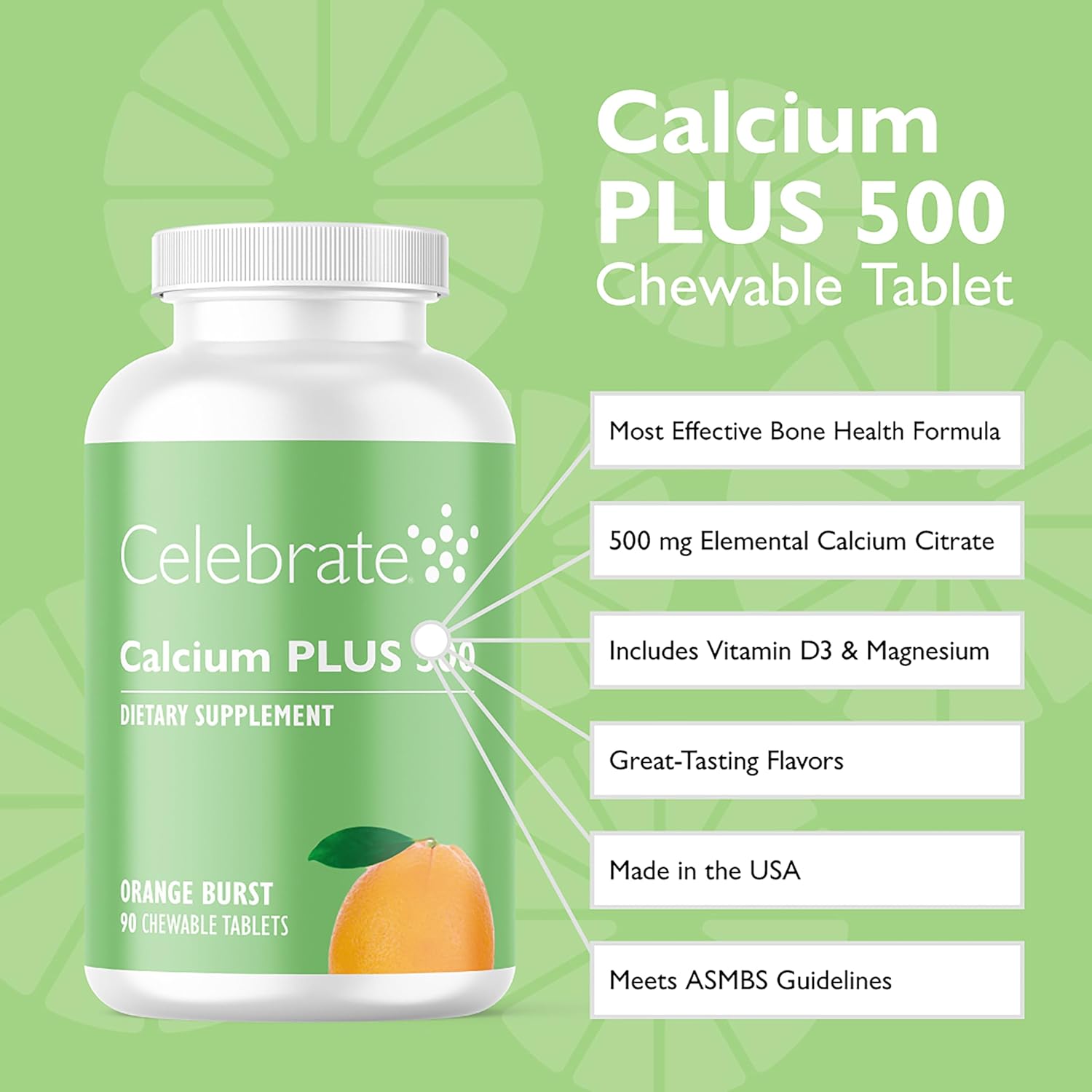 Celebrate Bariatric Supplements Calcium Plus Chewable Tablets - 500mg Calcium Citrate, 333 IU Vitamin D3, 34mg Magnesium - Gluten-Free & Sugar-Free - Orange Flavor - 90 Count