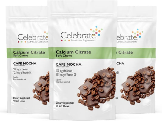 Celebrate Vitamins Bariatric 500mg Calcium Citrate Soft Chews with Vitamin D3 - Sugar & Gluten Free, Cafe Mocha (270 Chews) for Gastric Bypass & Bone Health
