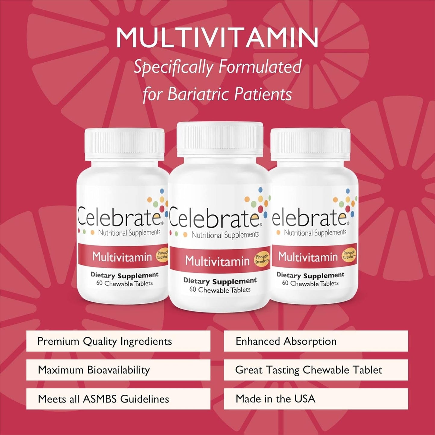 Celebrate Vitamins Bariatric Multivitamin Chewable - Iron-Free Supplement for Men & Women After Gastric Bypass & Sleeve Gastrectomy - Essential Minerals & Vitamins A, B, D, E - Fruity Flavor - 180 Tablets