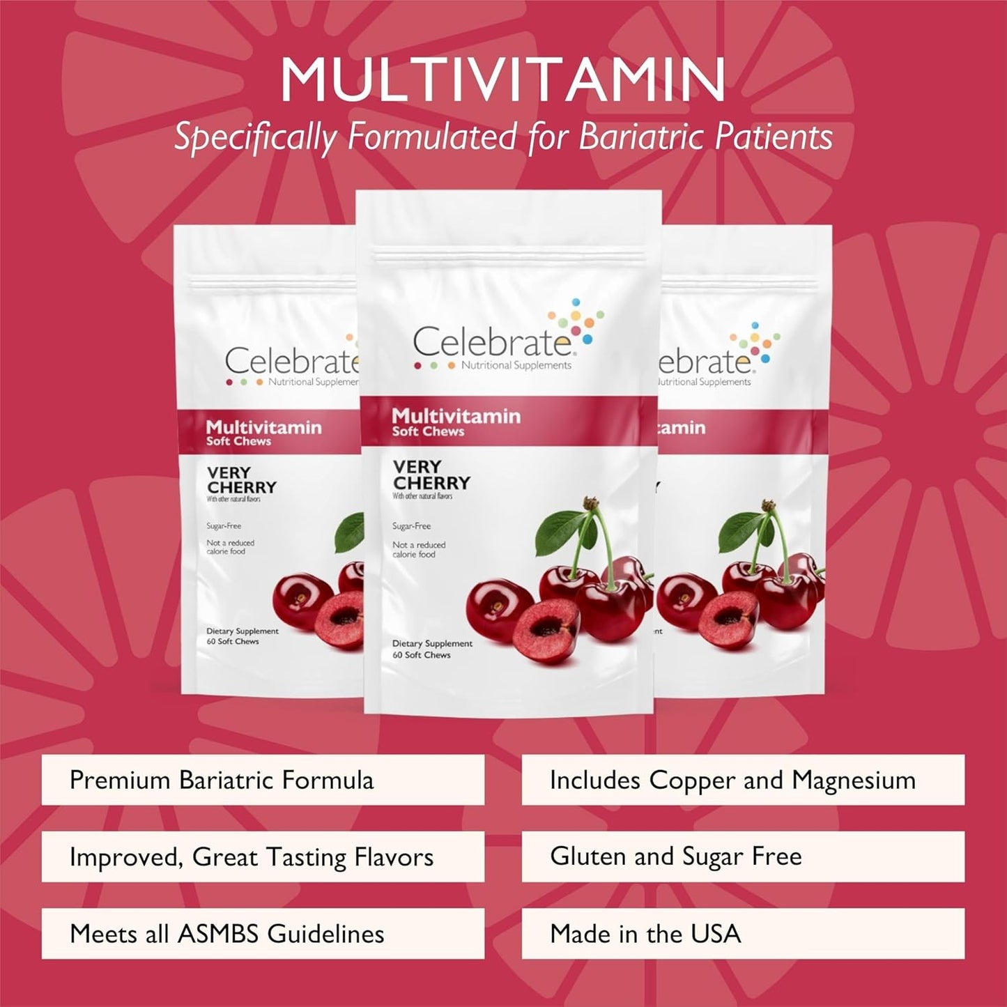 Celebrate Vitamins Bariatric Multivitamin Soft Chews - Cherry Flavor - 180ct - Sugar & Gluten Free - Essential Vitamins for Gastric Bypass & Sleeve Gastrectomy