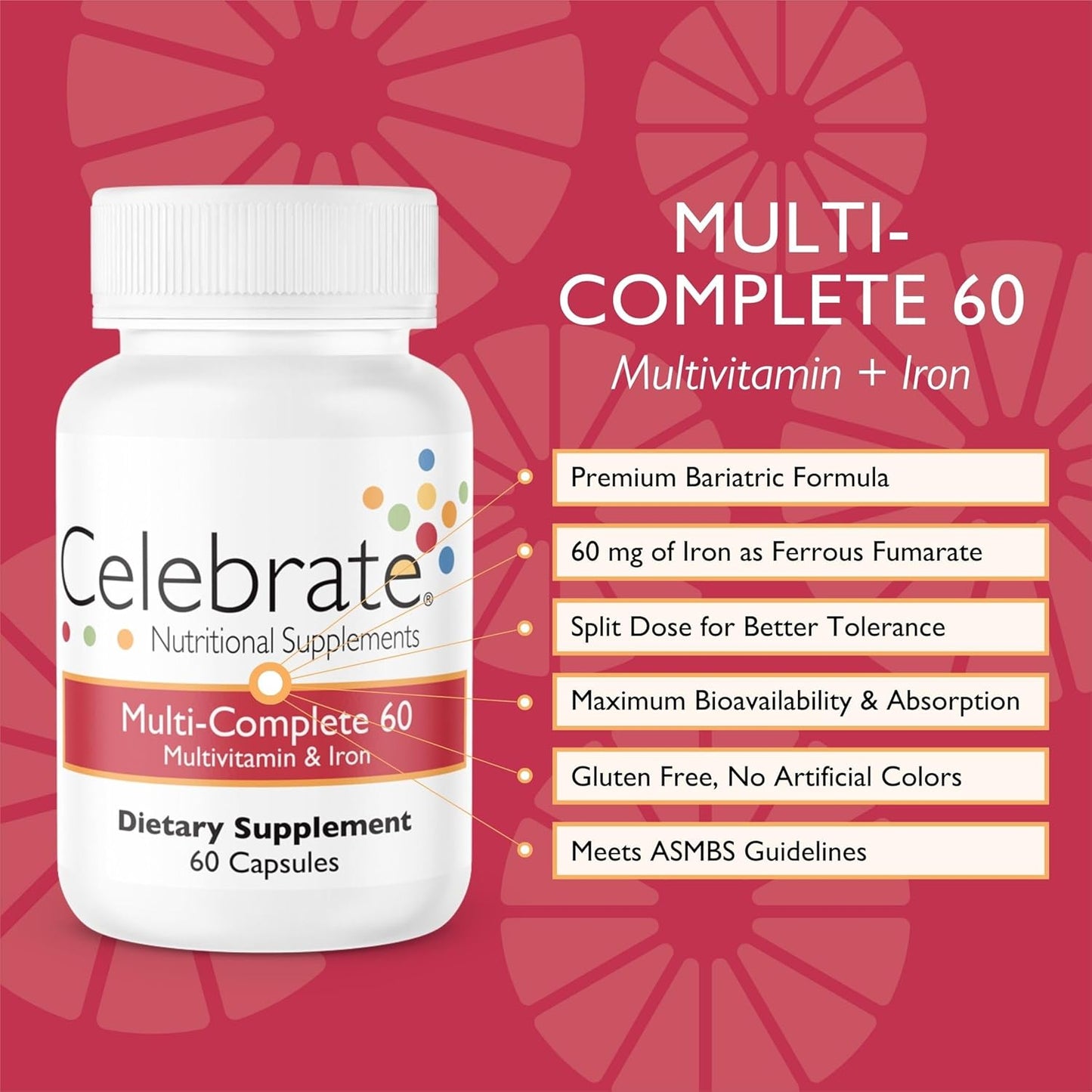 Celebrate Vitamins Multi-Complete Bariatric Supplement with Iron - Essential Daily Multivitamin for Sleeve Gastrectomy & Gastric Bypass Patients - 60 Capsules