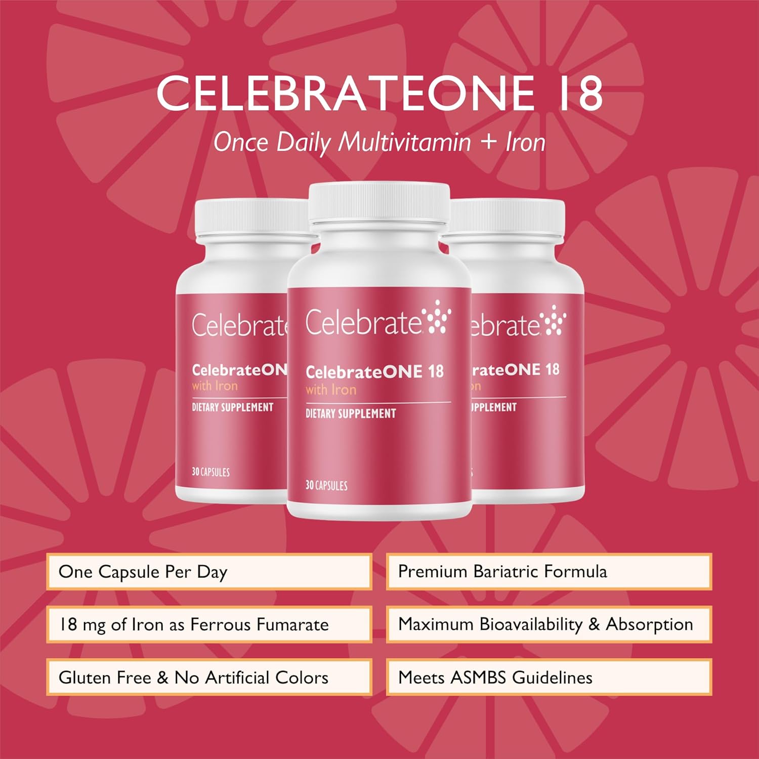 CelebrateONE Bariatric Multivitamin with 18mg Iron - Daily Supplement for Gastric Bypass & Sleeve Gastrectomy - 90 Capsules