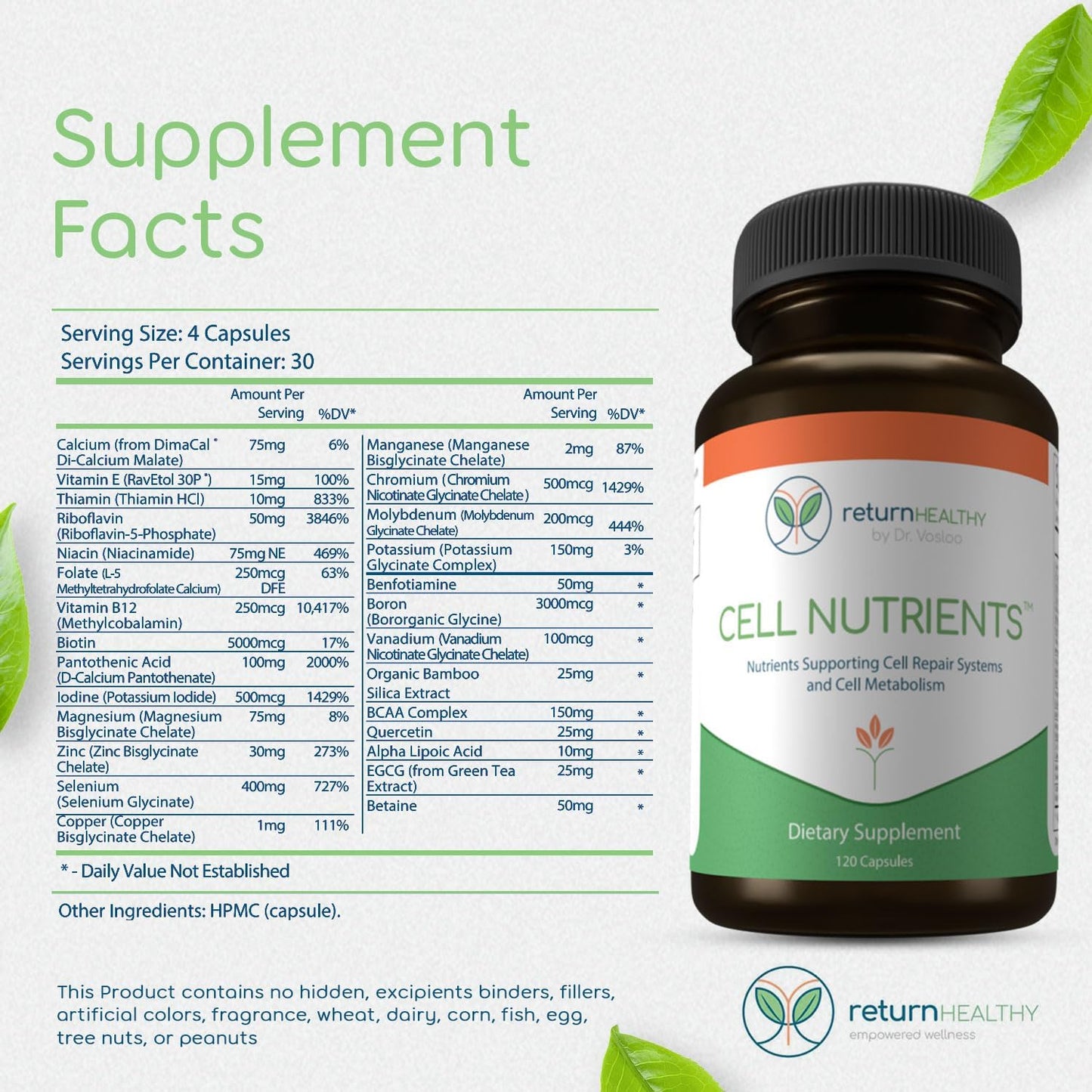 Cell Repair and Metabolism Support Supplement - Mitochondrial Health - Non-GMO, Vegan - 120 Capsules