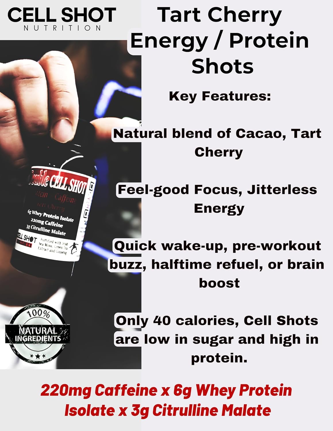 Cell Shot Nutrition Tart Cherry Punch - 4 Pack - Protein + Caffeine - Double Cell Shot - BCAA Energy Drink with Nootropics, Sea Moss, Ginseng, Whey - Boost Energy and Mental Clarity