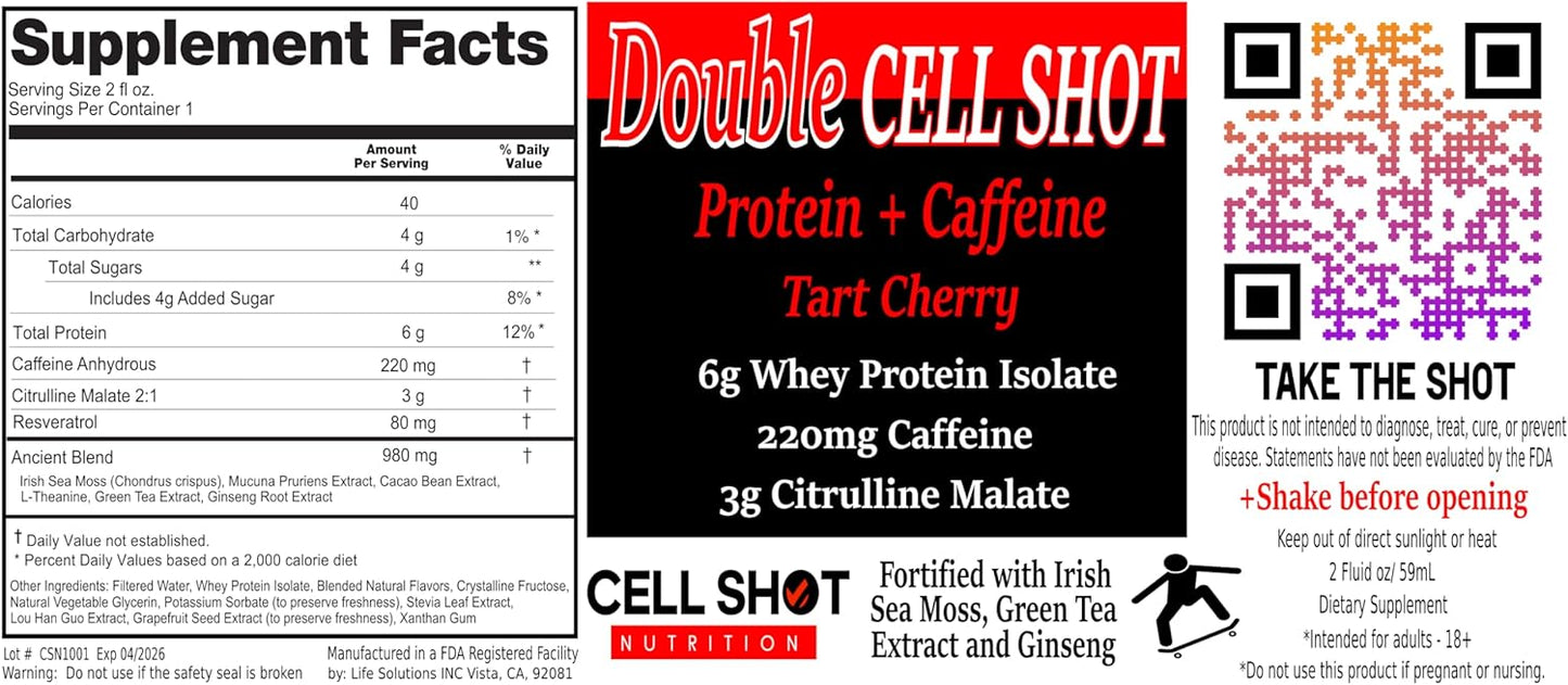 Cell Shot Nutrition Tart Cherry Punch - 4 Pack - Protein + Caffeine - Double Cell Shot - BCAA Energy Drink with Nootropics, Sea Moss, Ginseng, Whey - Boost Energy and Mental Clarity