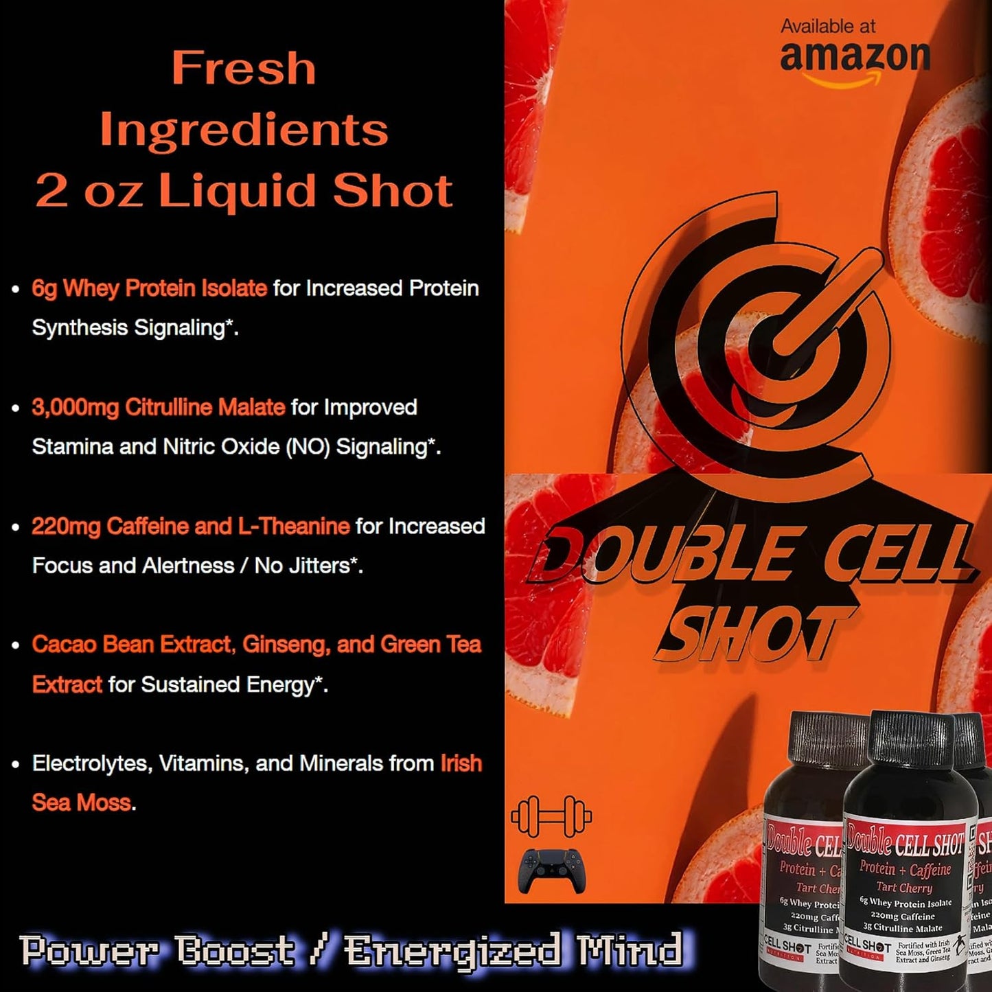 Cell Shot Nutrition Tart Cherry Punch - 4 Pack - Protein + Caffeine - Double Cell Shot - BCAA Energy Drink with Nootropics, Sea Moss, Ginseng, Whey - Boost Energy and Mental Clarity