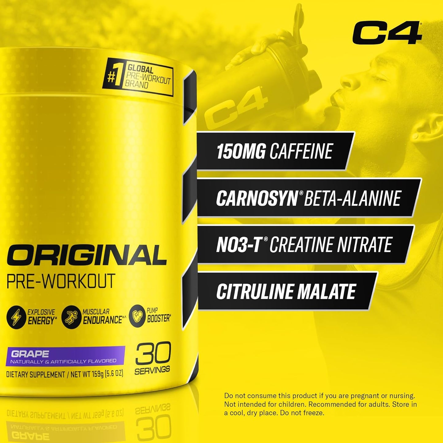 Cellucor C4 Original Grape Sugar Free Pre-Workout Powder - Energy Boost with 150mg Caffeine, Beta Alanine, & Creatine - 30 Servings
