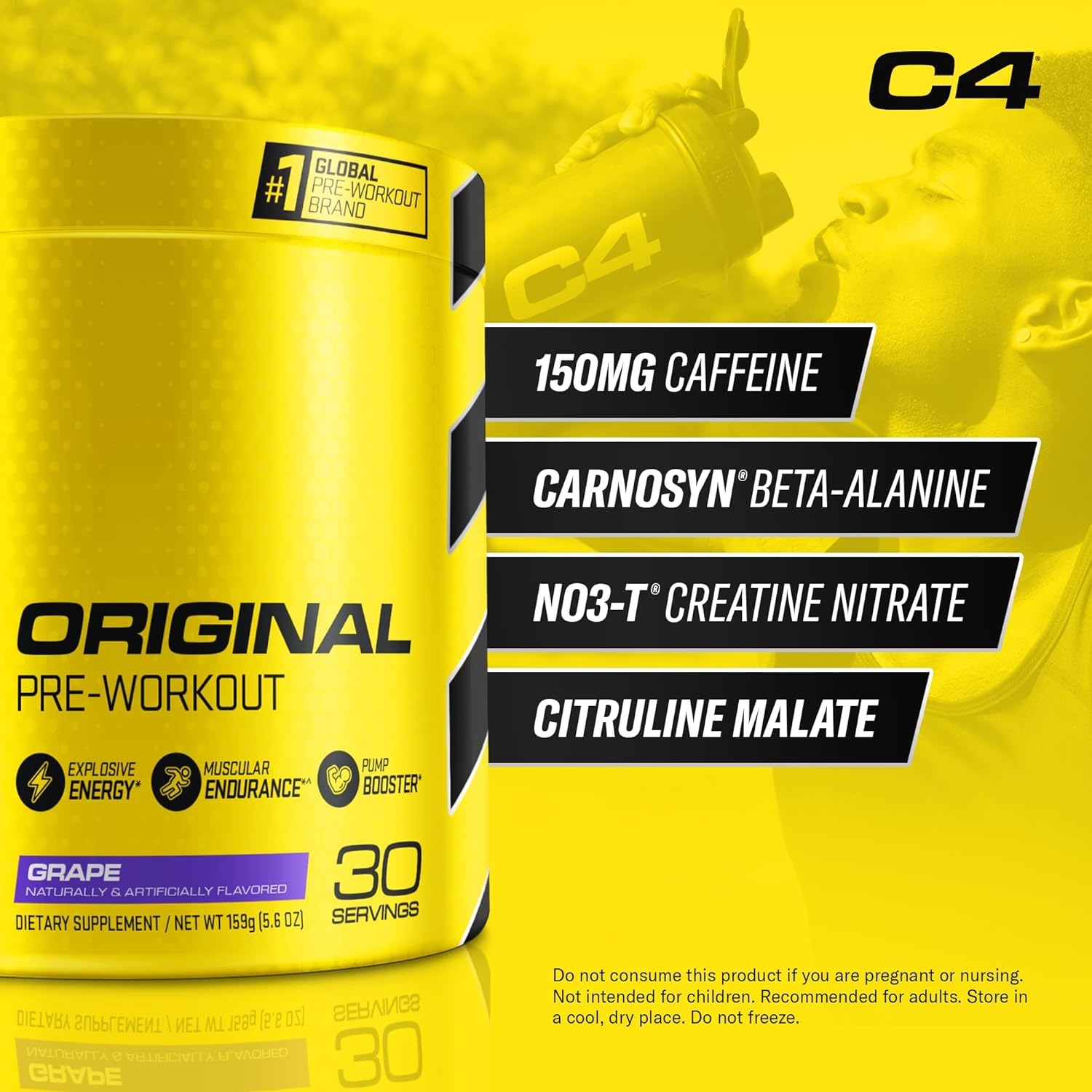 Cellucor C4 Original Grape Sugar Free Pre-Workout Powder - Energy Boost with 150mg Caffeine, Beta Alanine, & Creatine - 30 Servings