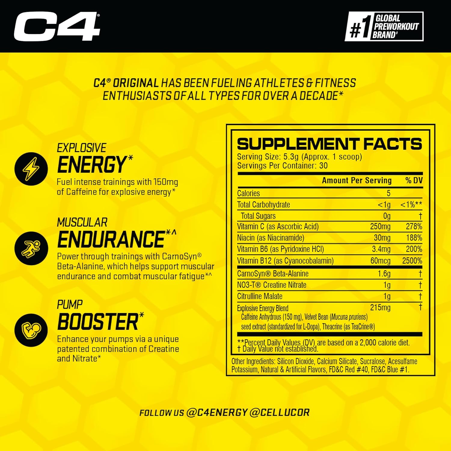 Cellucor C4 Original Grape Sugar Free Pre-Workout Powder - Energy Boost with 150mg Caffeine, Beta Alanine, & Creatine - 30 Servings