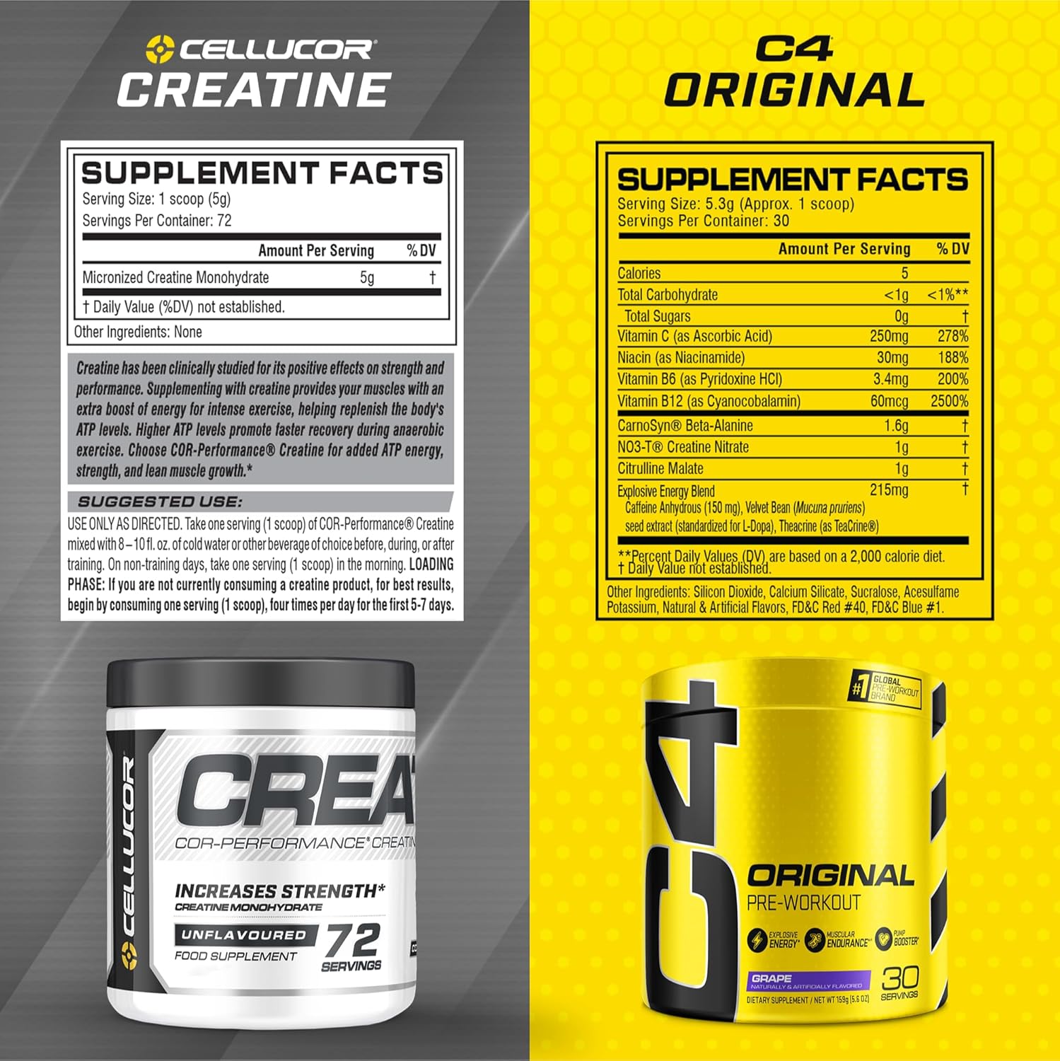 Cellucor C4 Original Pre Workout & Creatine Bundle, Grape Flavor, 30 Servings of Pre Workout Powder + 72 Servings of Creatine Powder